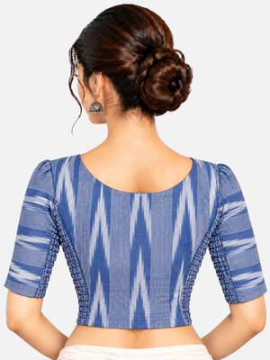 Side smocked stretchable blue ikkat cotton printed non padded readymade saree blouse 2