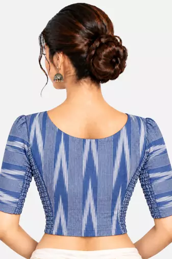 Side smocked stretchable blue ikkat cotton printed non padded readymade saree blouse