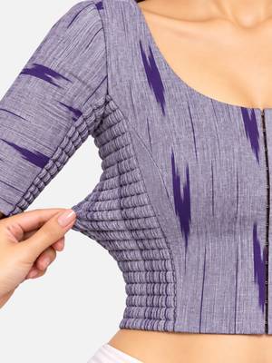 Side smocked stretchable purple ikkat cotton printed non padded readymade saree blouse 5