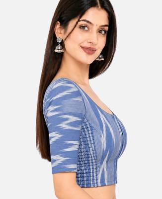 Side smocked stretchable blue ikkat cotton printed non padded readymade saree blouse 3