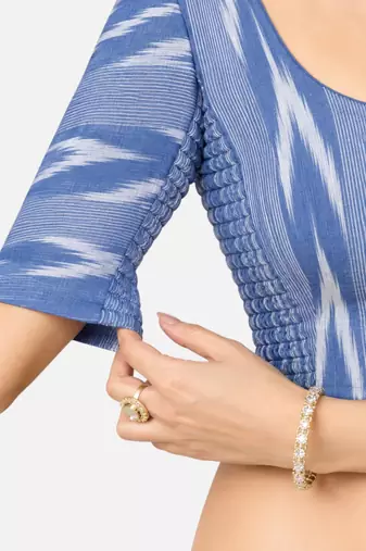 Side smocked stretchable blue ikkat cotton printed non padded readymade saree blouse