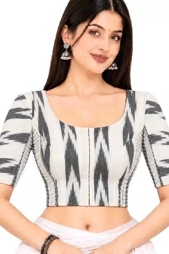 Side smocked stretchable white ikkat cotton printed non padded readymade saree blouse