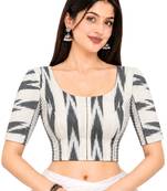 Side smocked stretchable white ikkat cotton printed non padded readymade saree blouse