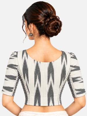 Side smocked stretchable white ikkat cotton printed non padded readymade saree blouse 2