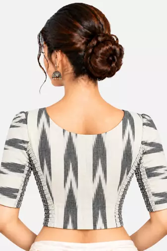 Side smocked stretchable white ikkat cotton printed non padded readymade saree blouse