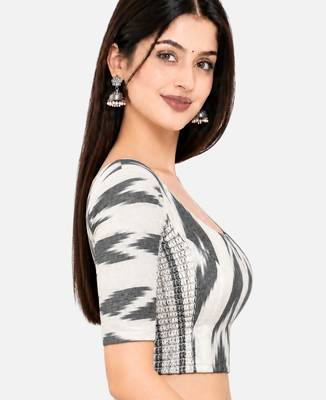 Side smocked stretchable white ikkat cotton printed non padded readymade saree blouse 3