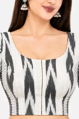 Side smocked stretchable white ikkat cotton printed non padded readymade saree blouse