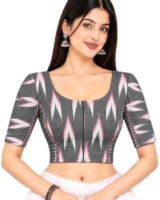 Side smocked stretchable grey ikkat cotton printed non padded readymade saree blouse 1