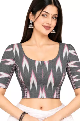 Side smocked stretchable grey ikkat cotton printed non padded readymade saree blouse
