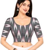 Side smocked stretchable grey ikkat cotton printed non padded readymade saree blouse