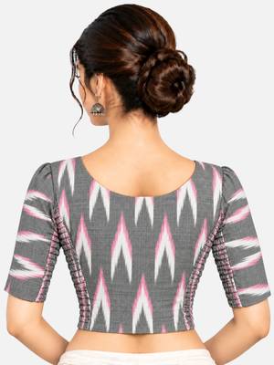 Side smocked stretchable grey ikkat cotton printed non padded readymade saree blouse 2