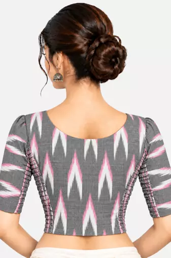 Side smocked stretchable grey ikkat cotton printed non padded readymade saree blouse