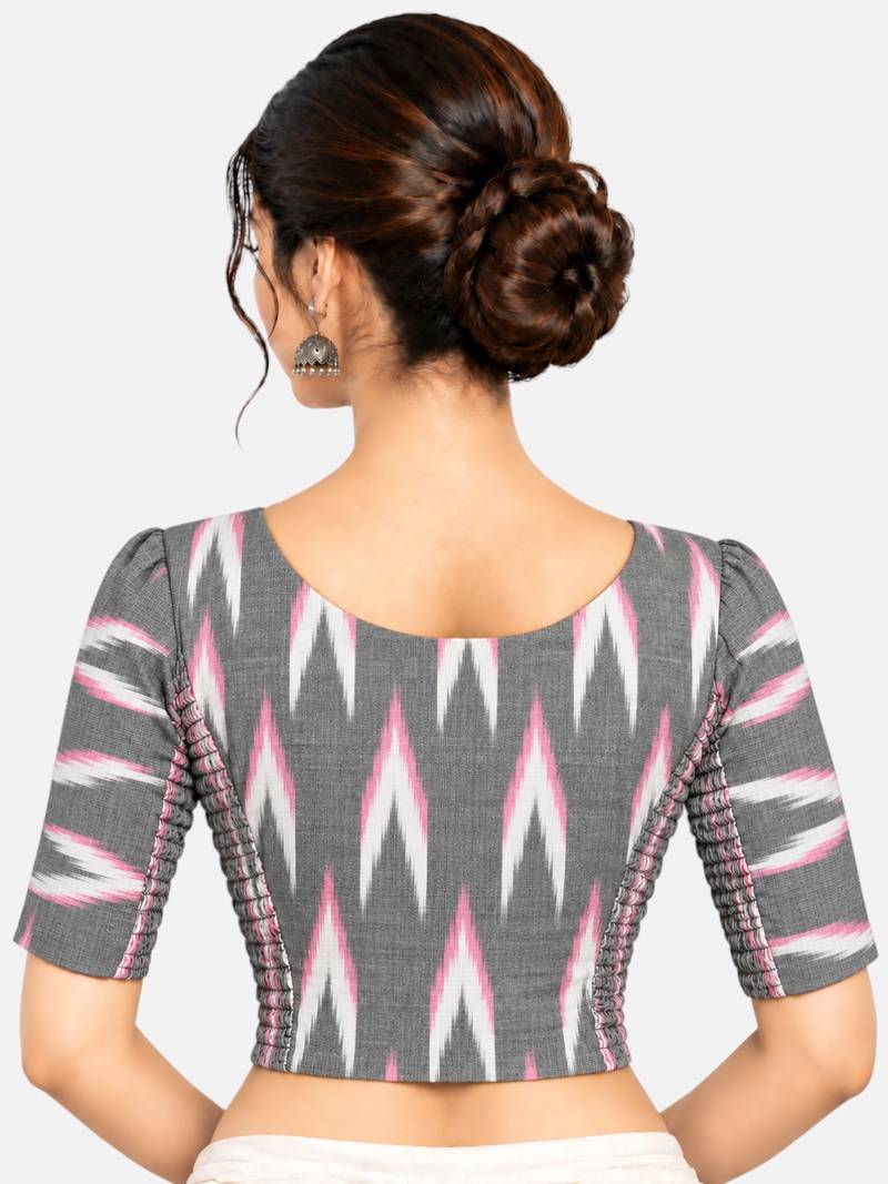 Side smocked stretchable grey ikkat cotton printed non padded readymade saree blouse