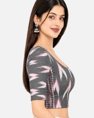 Side smocked stretchable grey ikkat cotton printed non padded readymade saree blouse 3