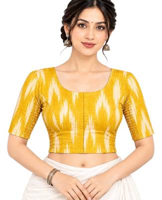 Side smocked stretchable yellow ikkat cotton printed non padded readymade saree blouse 1