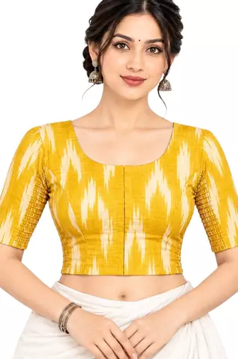 Side smocked stretchable yellow ikkat cotton printed non padded readymade saree blouse