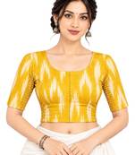 Side smocked stretchable yellow ikkat cotton printed non padded readymade saree blouse