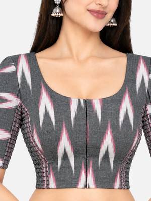 Side smocked stretchable grey ikkat cotton printed non padded readymade saree blouse 4