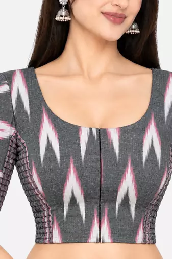 Side smocked stretchable grey ikkat cotton printed non padded readymade saree blouse