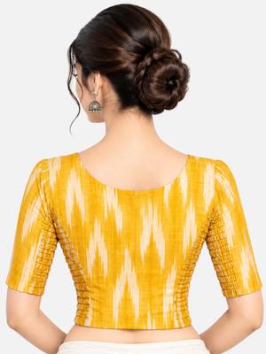 Side smocked stretchable yellow ikkat cotton printed non padded readymade saree blouse 2