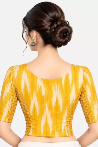 Side smocked stretchable yellow ikkat cotton printed non padded readymade saree blouse