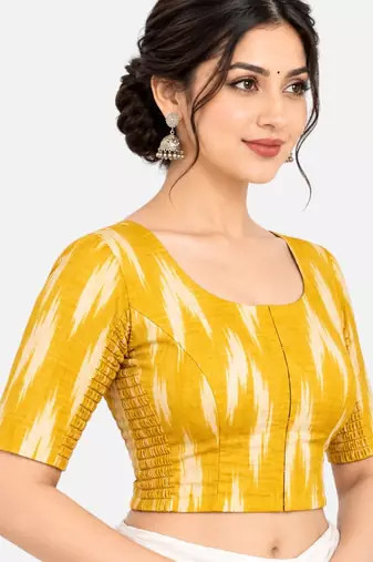 Side smocked stretchable yellow ikkat cotton printed non padded readymade saree blouse