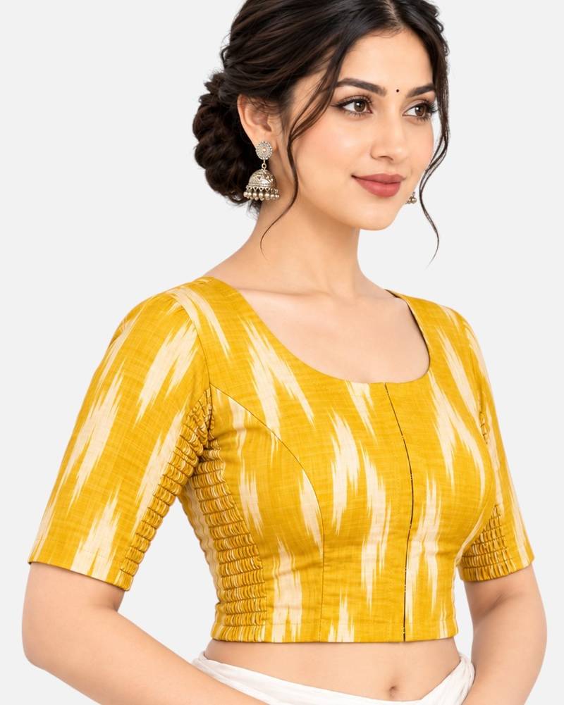 Side smocked stretchable yellow ikkat cotton printed non padded readymade saree blouse