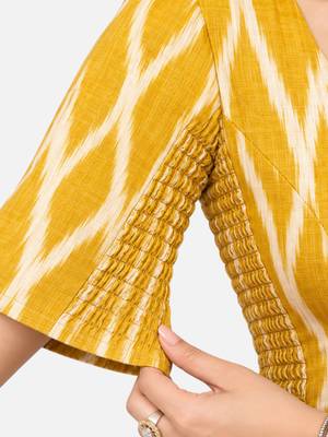 Side smocked stretchable yellow ikkat cotton printed non padded readymade saree blouse 4