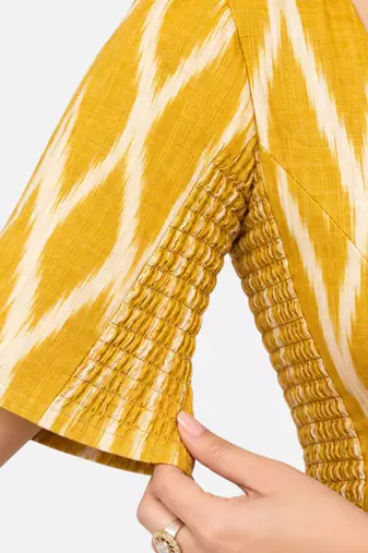 Side smocked stretchable yellow ikkat cotton printed non padded readymade saree blouse