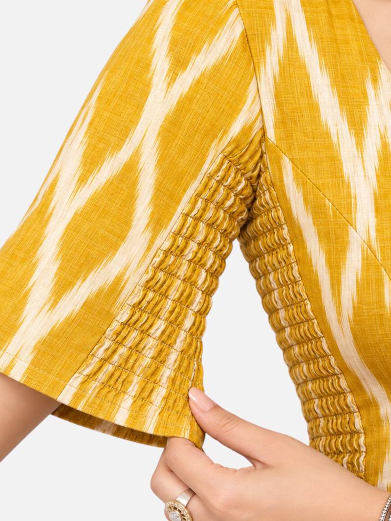 Side smocked stretchable yellow ikkat cotton printed non padded readymade saree blouse