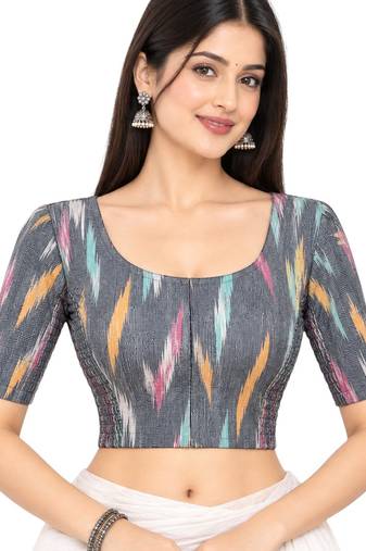 Side smocked stretchable grey ikkat cotton printed non padded readymade saree blouse