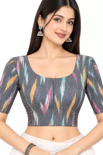 Side smocked stretchable grey ikkat cotton printed non padded readymade saree blouse