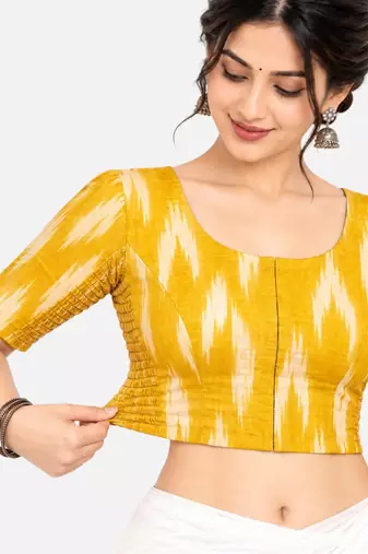 Side smocked stretchable yellow ikkat cotton printed non padded readymade saree blouse