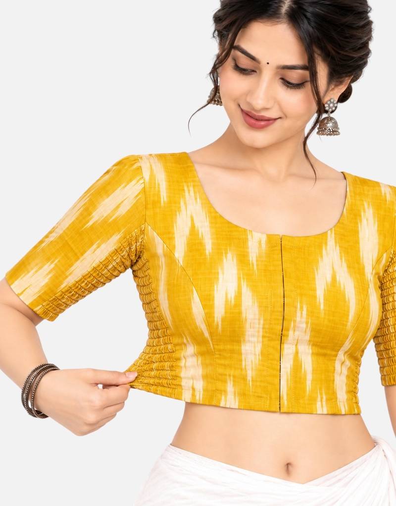 Side smocked stretchable yellow ikkat cotton printed non padded readymade saree blouse