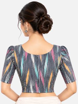Side smocked stretchable grey ikkat cotton printed non padded readymade saree blouse 2