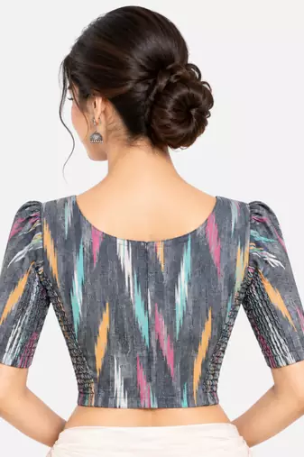 Side smocked stretchable grey ikkat cotton printed non padded readymade saree blouse