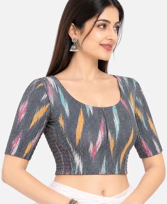 Side smocked stretchable grey ikkat cotton printed non padded readymade saree blouse 3