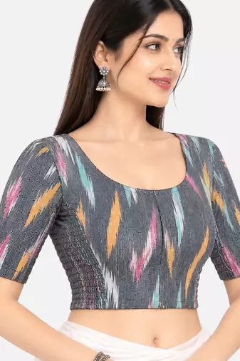 Side smocked stretchable grey ikkat cotton printed non padded readymade saree blouse