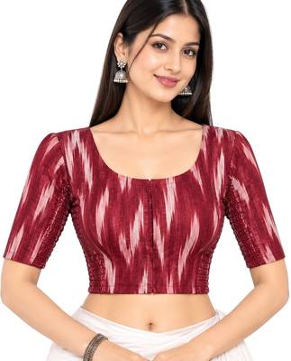 Side smocked stretchable maroon ikkat cotton printed non padded readymade saree blouse 1