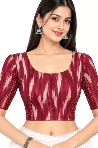 Side smocked stretchable maroon ikkat cotton printed non padded readymade saree blouse