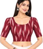 Side smocked stretchable maroon ikkat cotton printed non padded readymade saree blouse