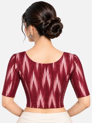 Side smocked stretchable maroon ikkat cotton printed non padded readymade saree blouse 2