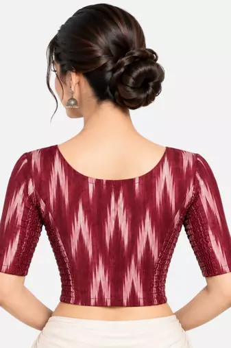 Side smocked stretchable maroon ikkat cotton printed non padded readymade saree blouse