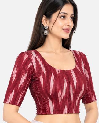 Side smocked stretchable maroon ikkat cotton printed non padded readymade saree blouse 3