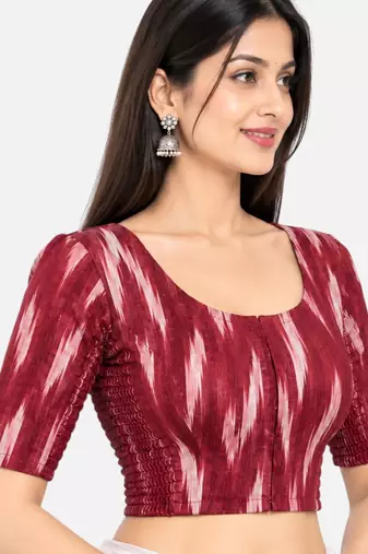 Side smocked stretchable maroon ikkat cotton printed non padded readymade saree blouse
