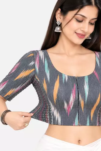 Side smocked stretchable grey ikkat cotton printed non padded readymade saree blouse