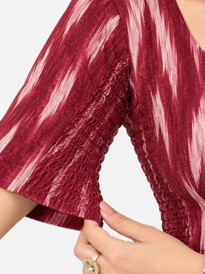 Side smocked stretchable maroon ikkat cotton printed non padded readymade saree blouse 4
