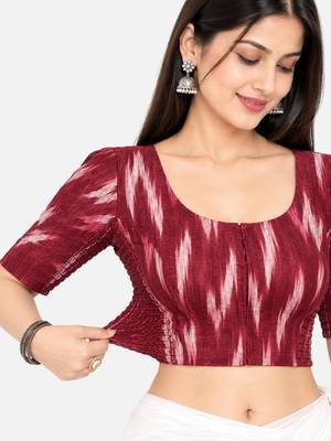 Side smocked stretchable maroon ikkat cotton printed non padded readymade saree blouse 5