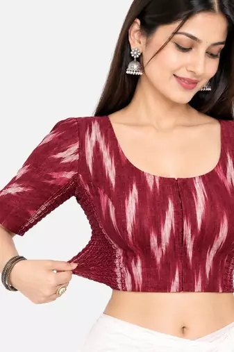 Side smocked stretchable maroon ikkat cotton printed non padded readymade saree blouse