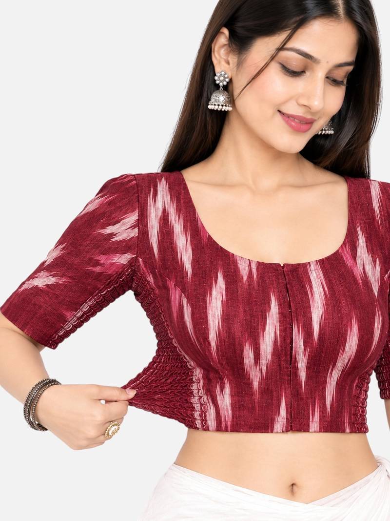 Side smocked stretchable maroon ikkat cotton printed non padded readymade saree blouse